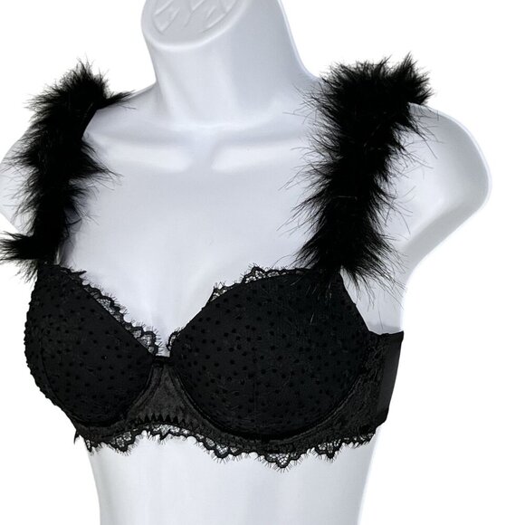 Victorias Secret NWT Demi Bra 32D Black Faux Fur & Solid Straps Sexy Coquette - Picture 4 of 14